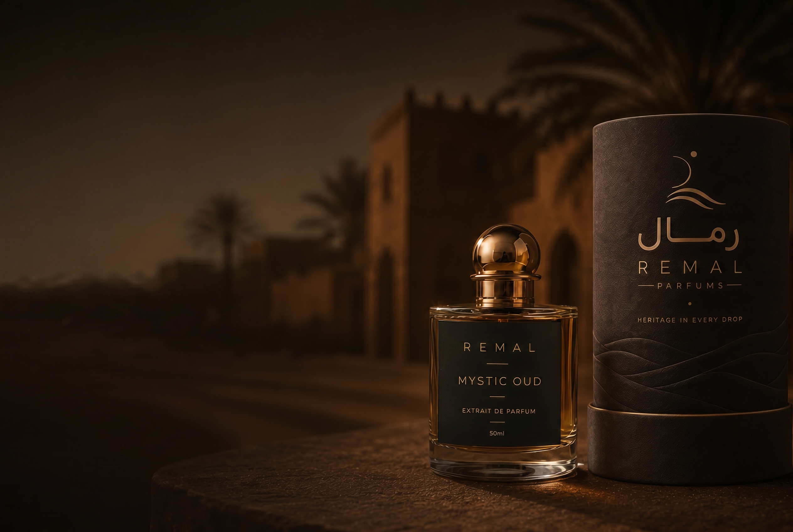 REMAL perfume bottle and packaging in a warm Emirati desert scene with traditional clay architecture and palm shadows